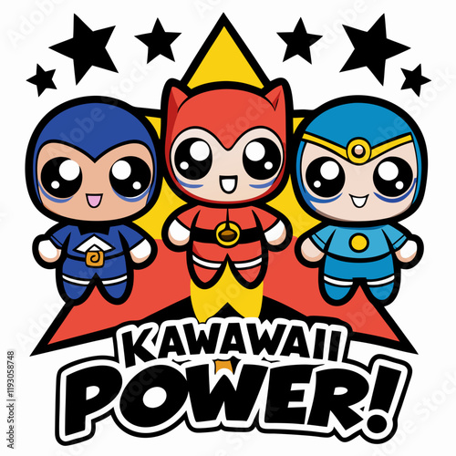 STICKER DESIGN of A group of three chibi superheroes with capes, standing in heroic poses