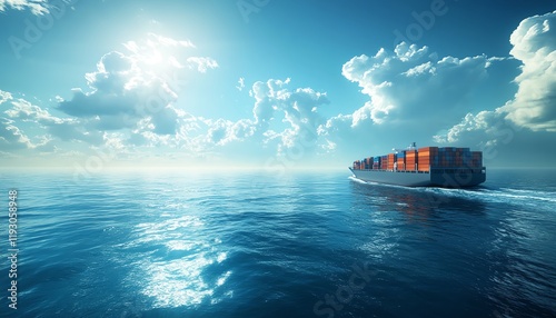 Container ships sailing on the vast ocean, clear blue waters, bright sky, cargo transport concept, maritime industry, powerful vessels on the open sea, global trade and economy photo