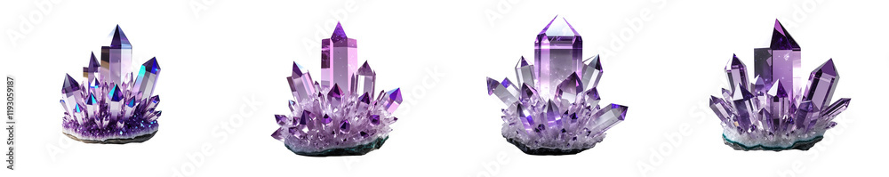 Collection of Magic crystal cluster isolated on a white background as transparent PNG Collection of Magic crystal cluster isolated on a white background as transparent PNG