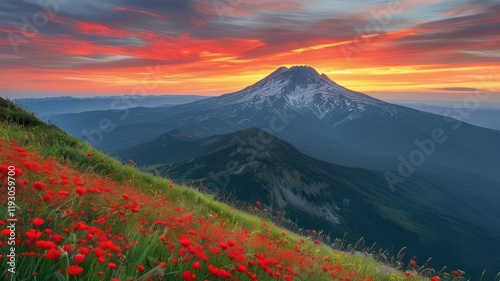 Stunning sunset over a majestic mountain with vibrant red flowers in the foreground, perfect for nature and travel themes photo