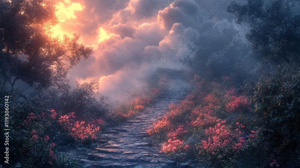 Naklejka premium Misty stone path through blooming flowers leading uphill towards a dramatic sunset sky.