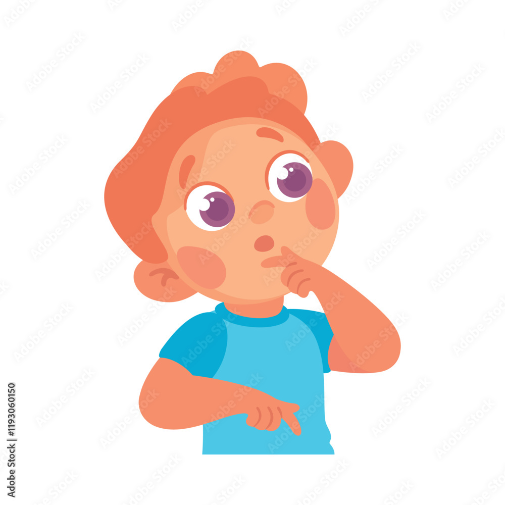 Obraz premium Funny Little Boy Character Thinking and Imagine Vector Illustration
