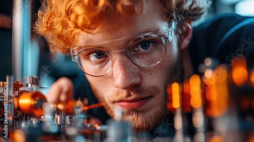 Young engineer working with machinery in a laboratory during a focused experiment