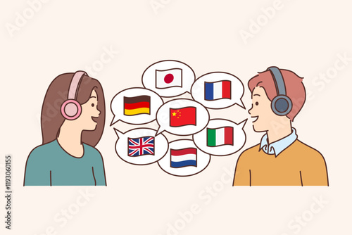 Two polyglots in headphones communicate in different languages, stand near country flags