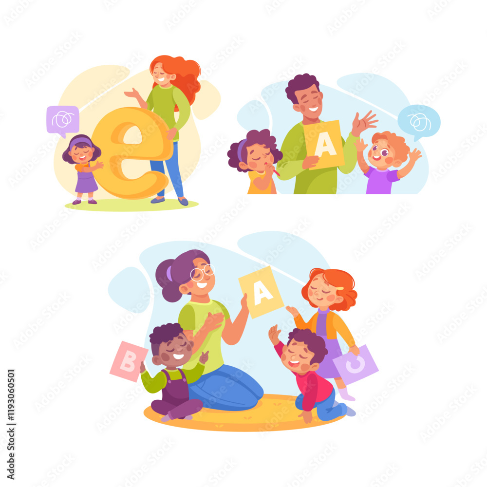 Speech with Teacher Explaining Alphabet to Little Boy and Girl Vector Illustration Set Speech with Teacher Explaining Alphabet to Little Boy and Girl Vector Illustration Set