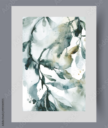Twigs of green plants symbolize ecological purity and biodiversity of nature on wall art. Watercolor print. Artwork with thickets of plants or trees and shrubs, in frame with decor for poster