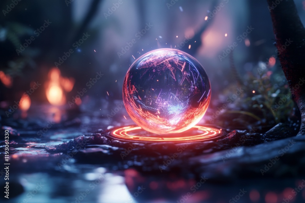 A magical glowing orb floating in isolation under UV light, with intricate runes and ethereal neon patterns swirling around it in a dark mystical setting A magical glowing orb floating in isolation under UV light, with intricate runes and ethereal neon patterns swirling around it in a dark mystical setting
