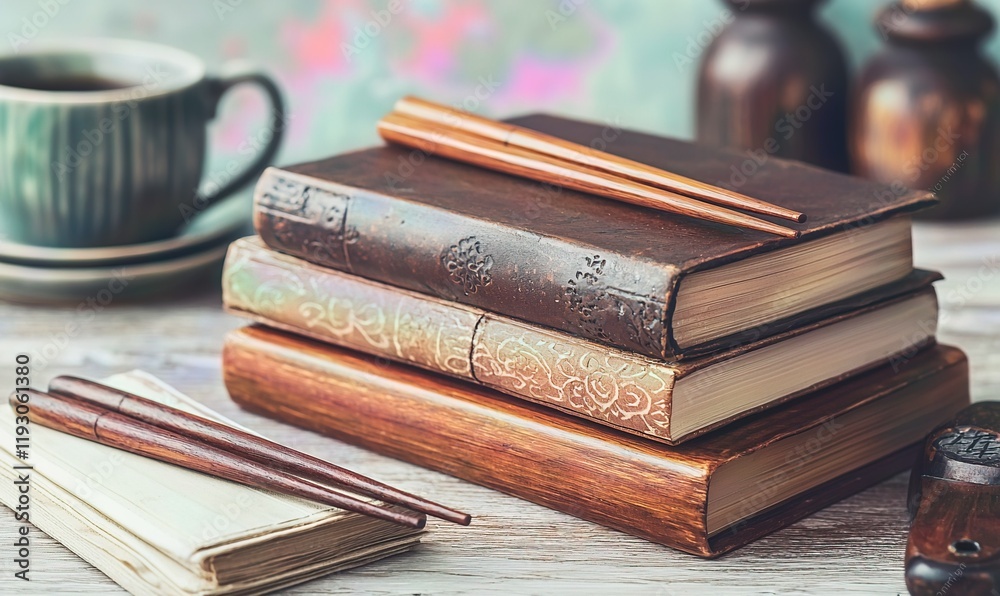 Naklejka premium Antique books, chopsticks, teacup, notepad on table. Vintage study scene.