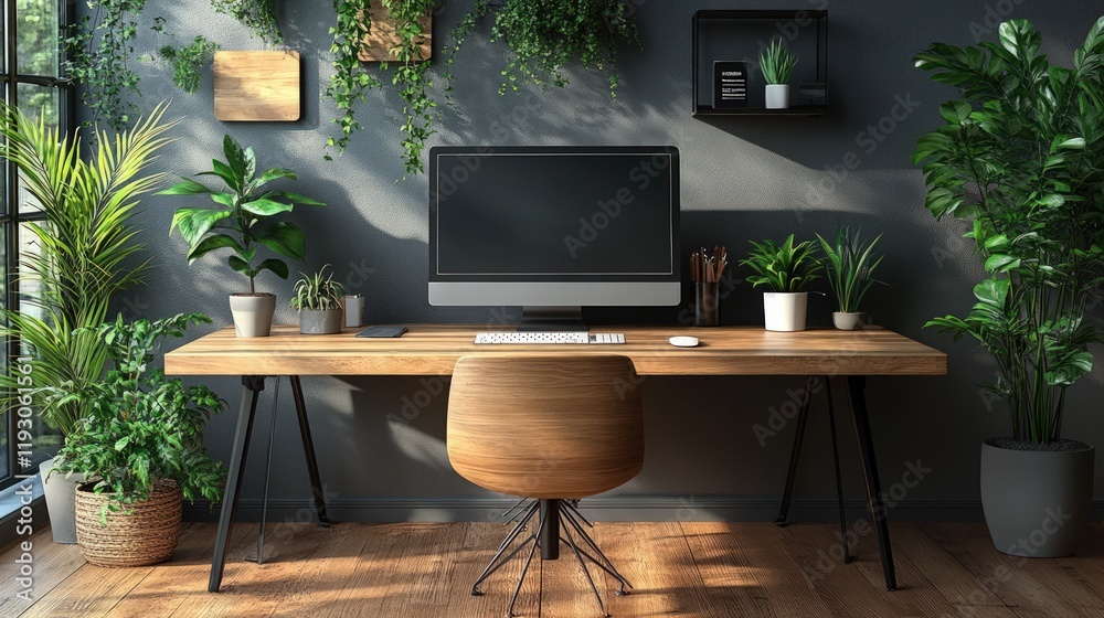 Fototapeta premium Modern home office with plants, wooden desk, computer, and natural light.