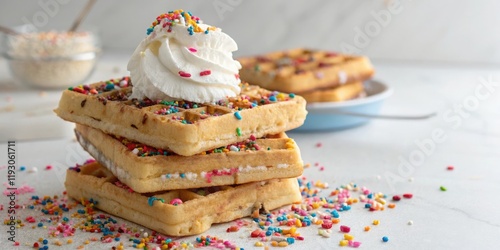 A creative shot of a waffle stack covered in colorful sprinkles and topped with a fluffy cloud of whipped cream, , sprinkledecor, photo