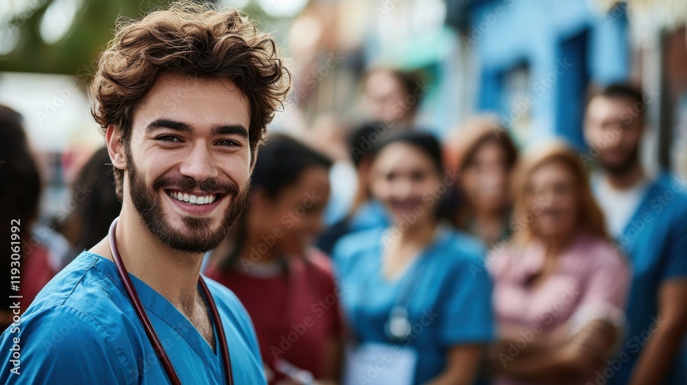 Fototapeta premium A joyful young healthcare professional smiles warmly, surrounded by colleagues in scrubs, reflecting camaraderie and a positive work environment.