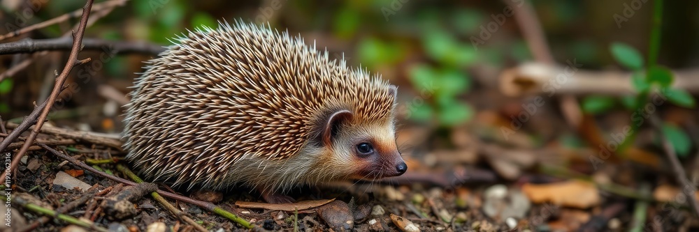 Fototapeta premium A cute hedgehog foraging in a lush green forest setting, prickly, background, outdoors