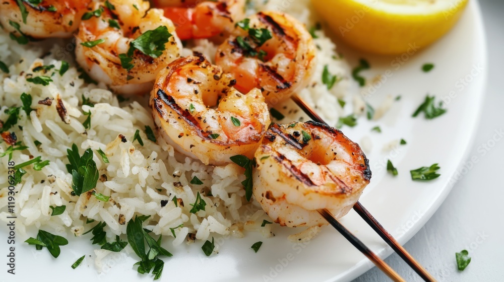 Close-up of rice and grilled shrimp skewer with lemon and herbs on a white plate, emphasizing fresh and zesty flavors. Ideal for seafood recipes and summer grilling. Close-up of rice and grilled shrimp skewer with lemon and herbs on a white plate, emphasizing fresh and zesty flavors. Ideal for seafood recipes and summer grilling.