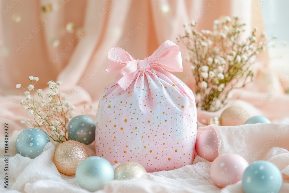 Pink gift bag with gold dots, tied with a pink ribbon. Perfect for Easter, birthdays, or any celebration needing a delicate touch. Pink gift bag with gold dots, tied with a pink ribbon. Perfect for Easter, birthdays, or any celebration needing a delicate touch.