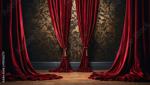 Deep crimson velvet curtains bursting outwards in a dramatic explosion of fabric, dynamic lighting, high-speed photography style