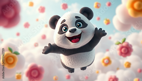 Joyful Panda Soaring Through a Whimsical Candy-Colored Cloudscap photo