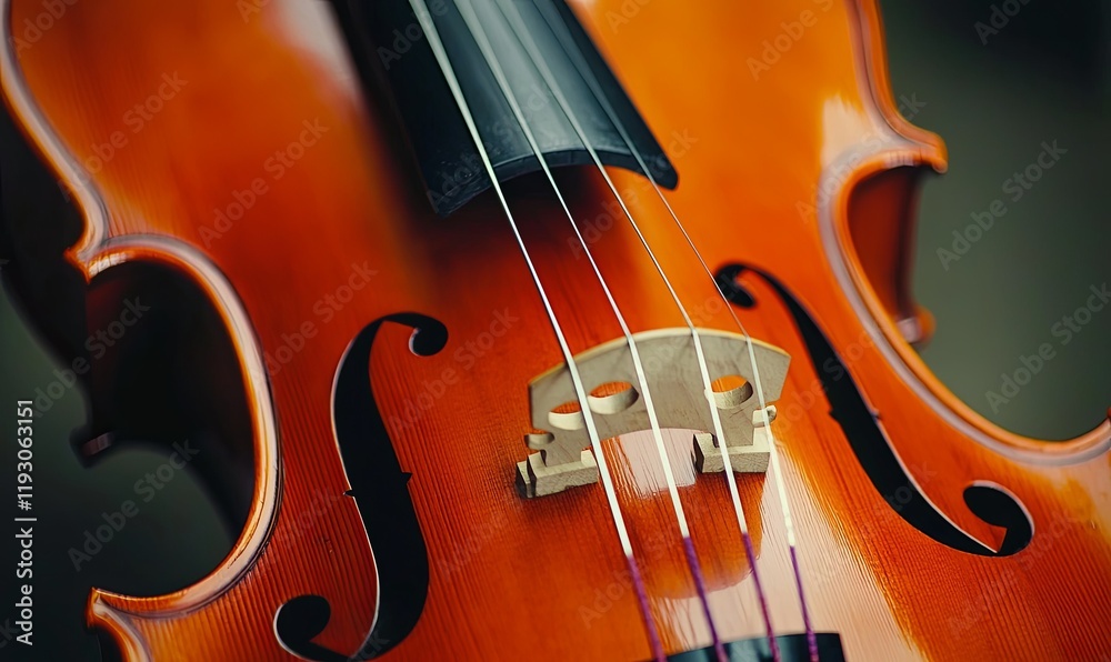 Close-up of cello strings and bridge on polished wood body against dark backdrop, ideal for music themes. Close-up of cello strings and bridge on polished wood body against dark backdrop, ideal for music themes.