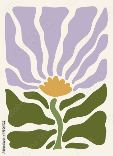 Flower framed art print hand drawn leaves shapes matisse style, naive art, contemporary background. Chamomile, sun flowers vector illustration