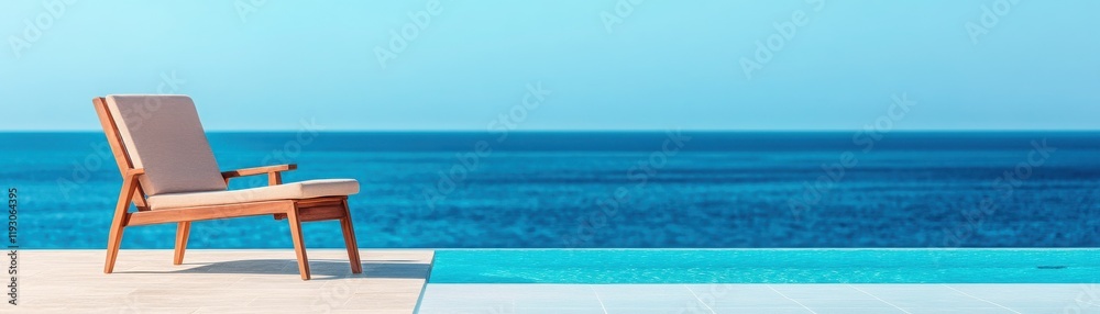A serene beachside view featuring a wooden lounge chair beside a tranquil swimming pool and the calming blue ocean. A serene beachside view featuring a wooden lounge chair beside a tranquil swimming pool and the calming blue ocean.