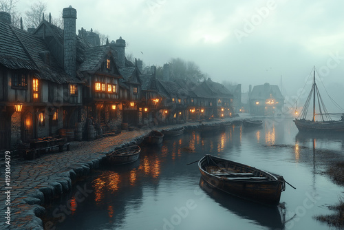 Village côtier au crépuscule avec lampadaires lumineux et bateaux de pêche photo