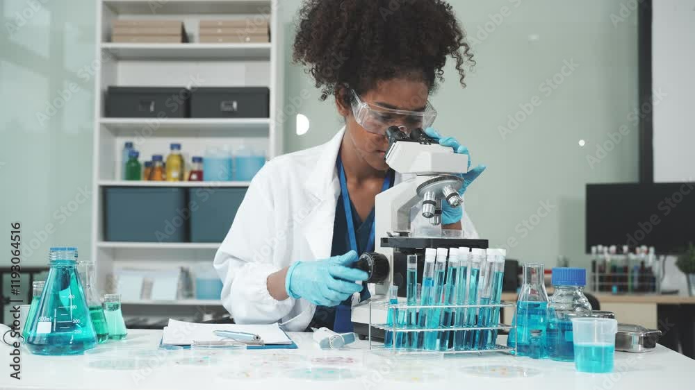 An African American female scientist in a white coat and blue gloves smiles confidently, holding a test tube with blue liquid. She conducts drug testing and medical research in a laboratory