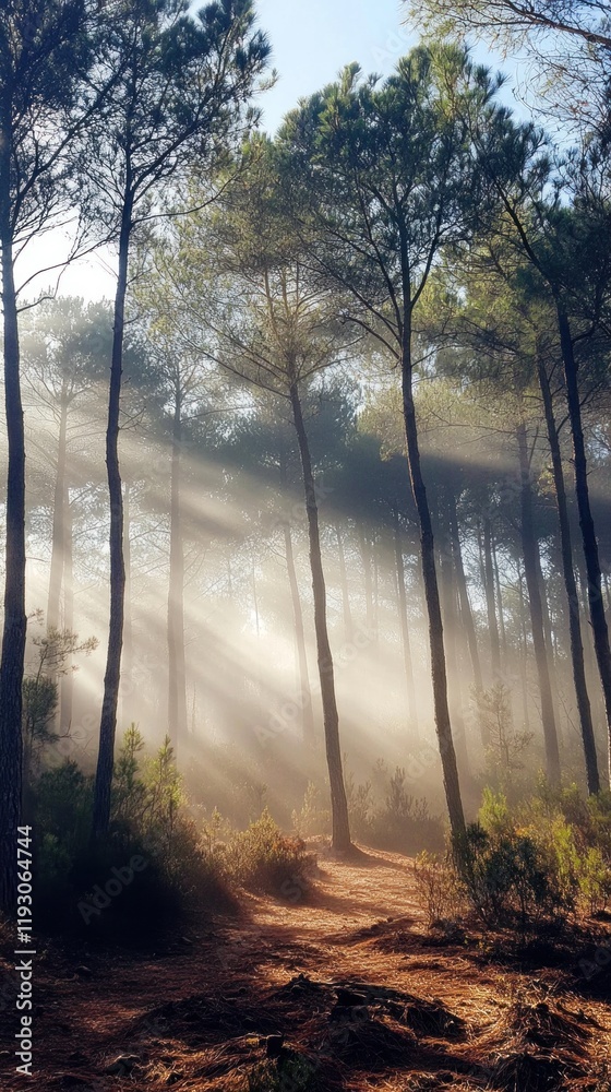 Obraz premium Sunbeams filtering through fog in a pine forest creating a magical atmosphere
