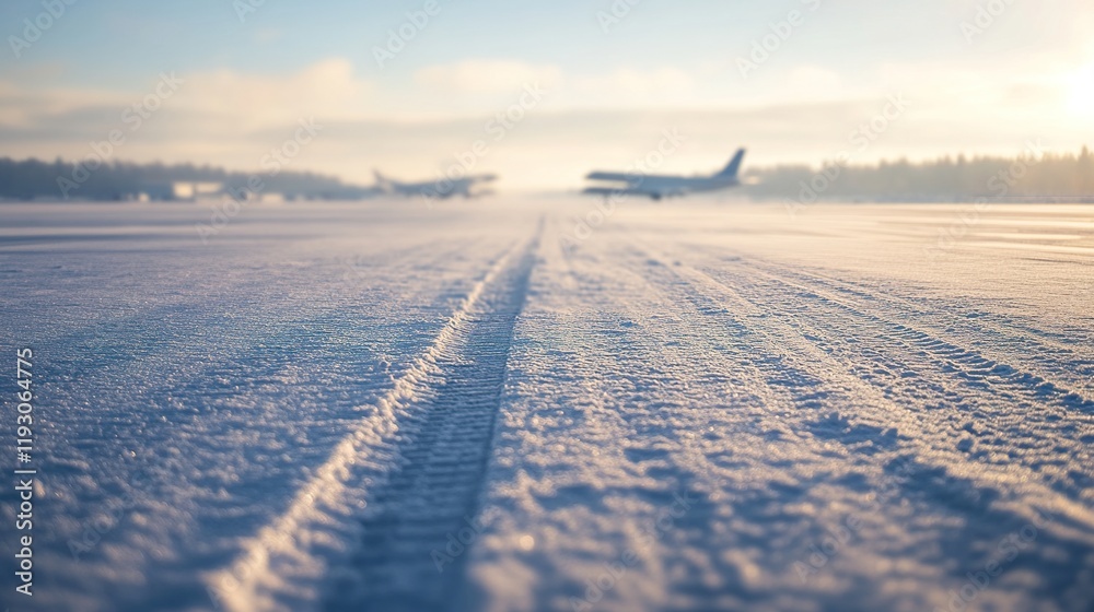 Snow-covered runway with faint tire tracks, soft sunlight casting long shadows, distant planes blurred, shallow focus. Winter serenity in motion. Snow-covered runway with faint tire tracks, soft sunlight casting long shadows, distant planes blurred, shallow focus. Winter serenity in motion.