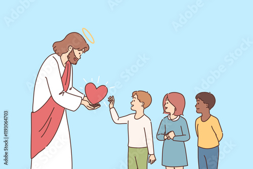 Jesus Christ gives love to children, wanting to save little innocent people of different races