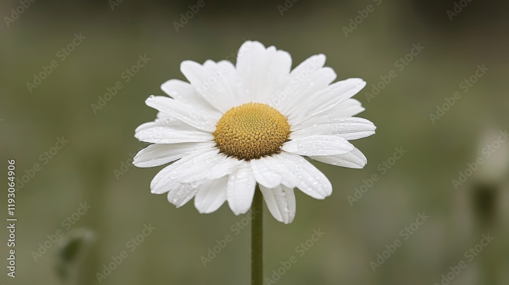 Fototapeta premium Close-up of a single white daisy with water droplets on its petals, standing tall against a blurred green background.