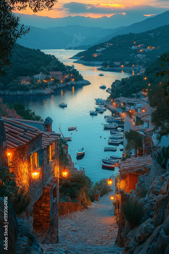 Village côtier au crépuscule avec lampadaires lumineux et bateaux de pêche photo