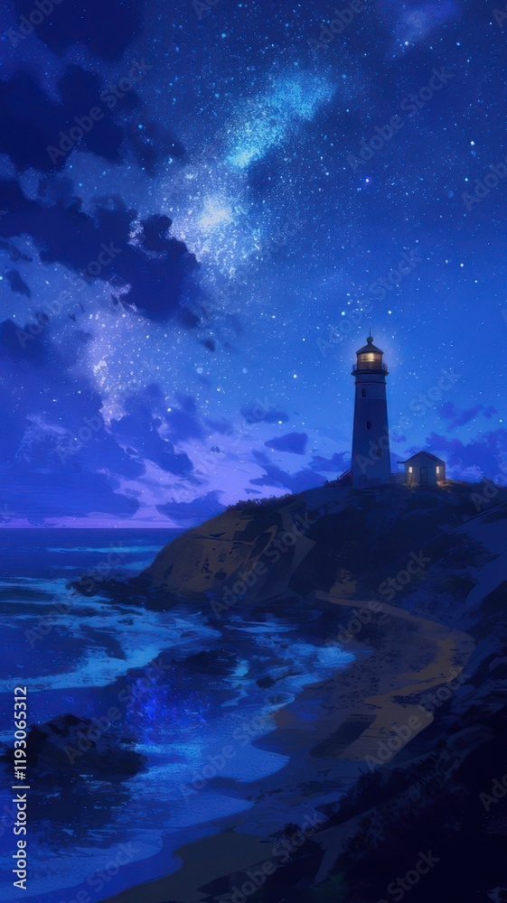Lighthouse at night with milky way and stars. Anime style Lighthouse at night with milky way and stars. Anime style
