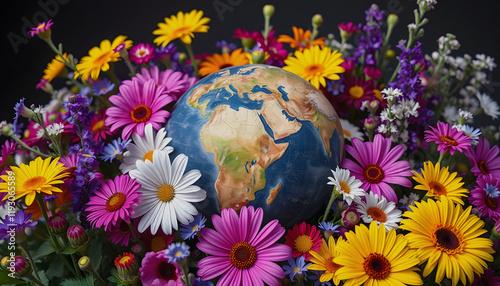 The earth surrounded by a colorful array of flowers, studio photography, with white tones