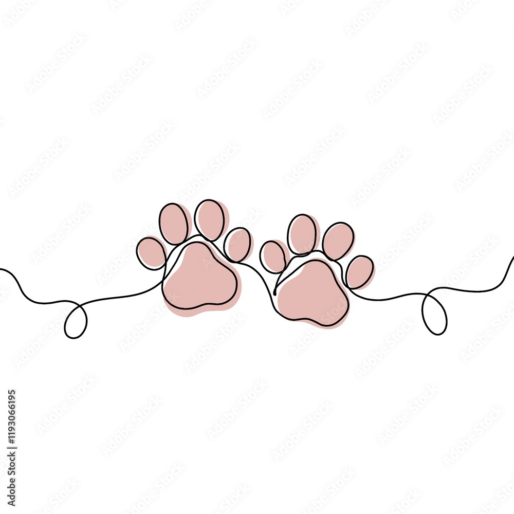 Paw prints. Hand drawn background footprint pet, dog or cat. Continuous line animal. Drawing single outline. Foot marks. Black silhouette paws. Paw prints. Hand drawn background footprint pet, dog or cat. Continuous line animal. Drawing single outline. Foot marks. Black silhouette paws.