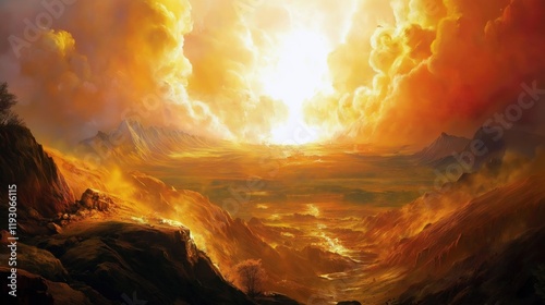 Sunlit landscape with earth being shattered by enormous explosion of fire smoke sky is filled orange clouds as if from epic fiery battle or godly sunrise