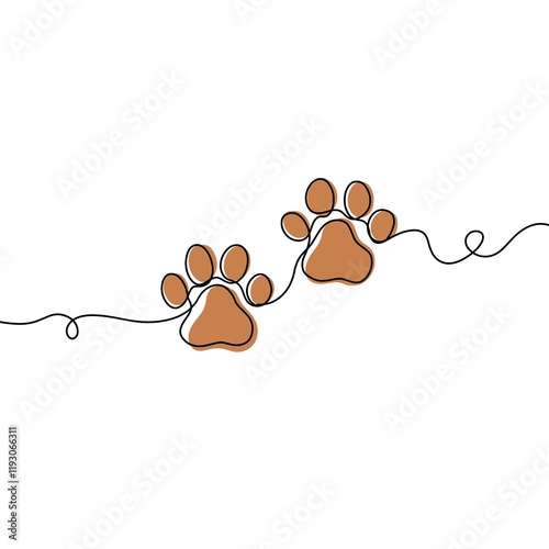 Paw prints. Hand drawn background footprint pet, dog or cat. Continuous line animal. Drawing single outline. Foot marks. Black silhouette paws.