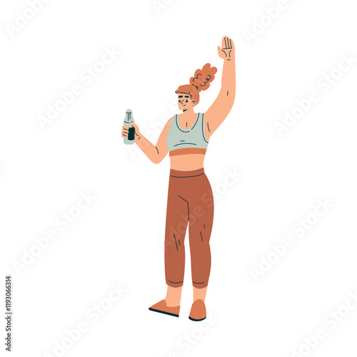 Sport with Woman Character Stand with Water Flask Engaged in Physical Activity Vector Illustration