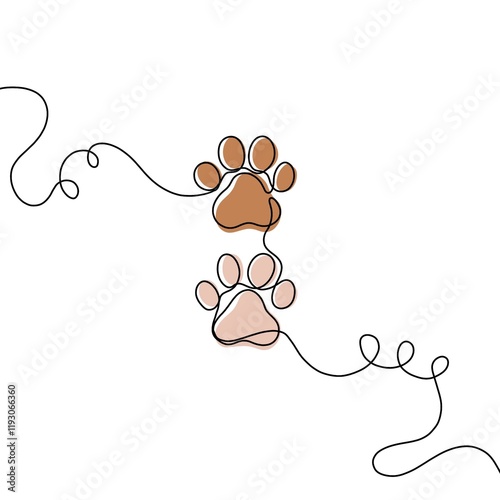 Paw prints. Hand drawn background footprint pet, dog or cat. Continuous line animal. Drawing single outline. Foot marks. Black silhouette paws.