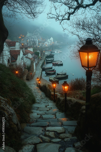 Village côtier au crépuscule avec lampadaires lumineux et bateaux de pêche photo