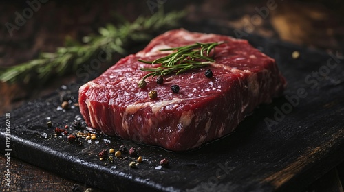 A close-up of a raw steak seasoned with fresh herbs and colorful spices, capturing the rich textures and flavors that appeal to culinary enthusiasts and food lovers. photo