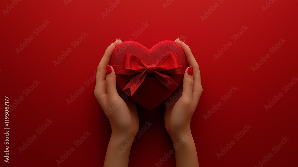 Fototapeta premium Close up on female hands holding a gift in a pink heart presents for valentine day, birthday, mother's day. Flat lay. Symbol of love. Valentines day background with a gift boxes on concrete board.