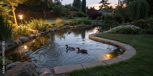 Wallpaper Mural A garden pond at dusk with a few ducks swimming on its surface illuminated by soft evening sunlight, serene scenery, evening light, peaceful water feature, calm atmosphere Torontodigital.ca