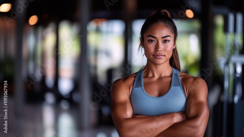 Asian woman with strong athletic build shoulder-length brown hair pulled back in ponytail wearing light gray athletic top crossed arms showcasing her toned muscles Free Download Asian woman with strong athletic build shoulder-length brown hair pulled back in ponytail wearing light gray athletic top crossed arms showcasing her toned muscles - GFXLoad