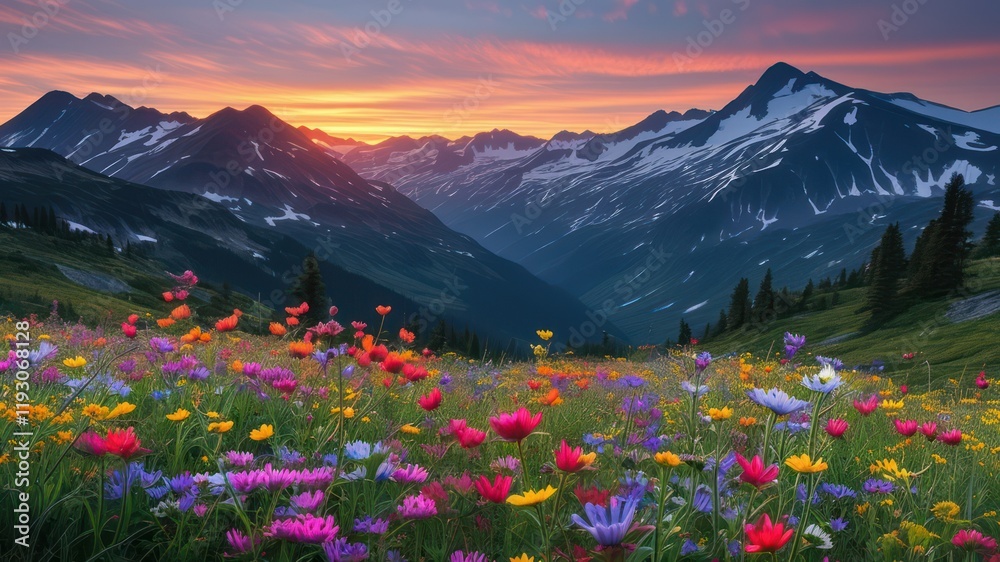 Breathtaking mountains with vibrant wildflowers at sunset, creating a serene outdoor landscape perfect for nature exploration Breathtaking mountains with vibrant wildflowers at sunset, creating a serene outdoor landscape perfect for nature exploration
