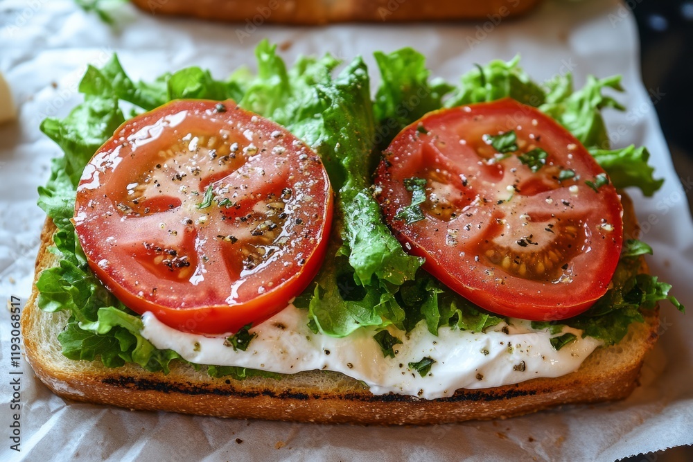 an open-faced sandwich with sliced tomatoes and lettuce on top of it. an open-faced sandwich with sliced tomatoes and lettuce on top of it.