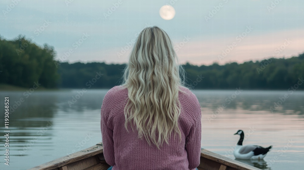 Fototapeta premium Serene Moment on Calm Lake with Woman in Boat Gazing at Full Moon and Geese in Background
