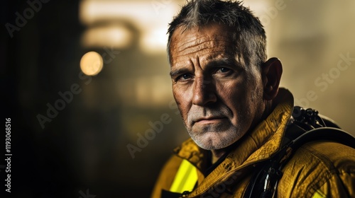 Middle-aged man with short hair and gray beard wearing yellow firefighter uniform serious expression as he looks into distance in front of him photo