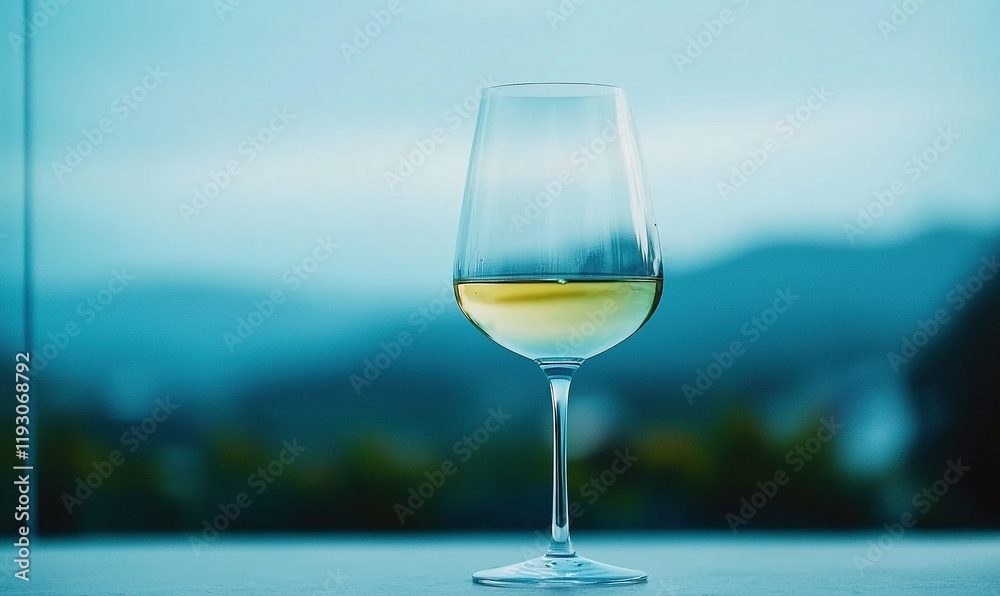 Glass of white wine on balcony with blurry mountain view at dusk. Glass of white wine on balcony with blurry mountain view at dusk.
