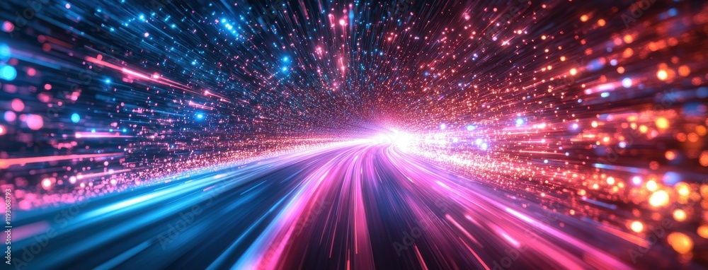 Naklejka premium Vibrant Abstract Background with Dynamic Light Trails and Bokeh Effect, Representing Fast Movement and Energy in a Digital Universe