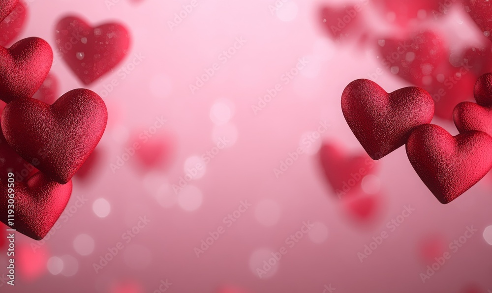 Several red hearts on a pink bokeh background. For Valentine's Day, Mother's Day, and other designs.
