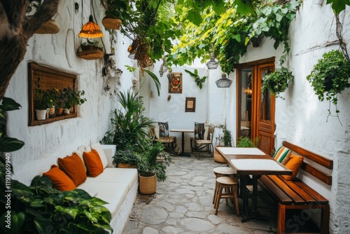 A serene shot of an Uzbek teahouse with colorful cushions and low tables, surrounded by lush greenery photo